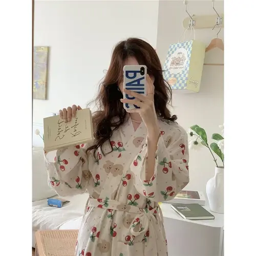 여성용 캐주얼 느슨한 크레이프 코튼 로브, 레이스업 목욕 가운, 달콤한 기모노, 체리 베어 프린트 드레싱 가운, S-XL, 봄, 가을 6