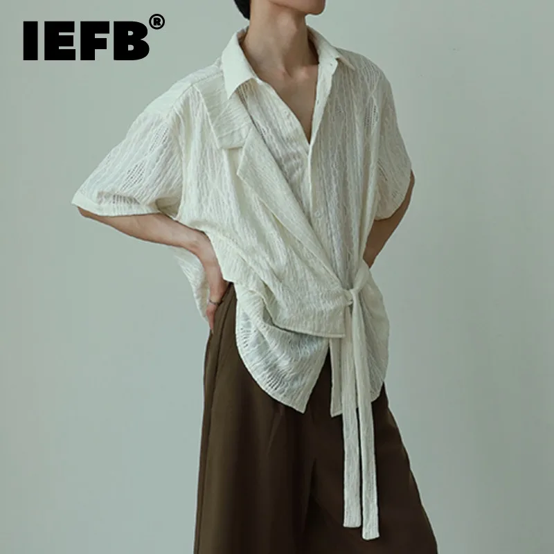 

Мужская рубашка с короткими рукавами IEFB, Повседневная Свободная ажурная рубашка в Корейском стиле, со шнуровкой, 9C5968