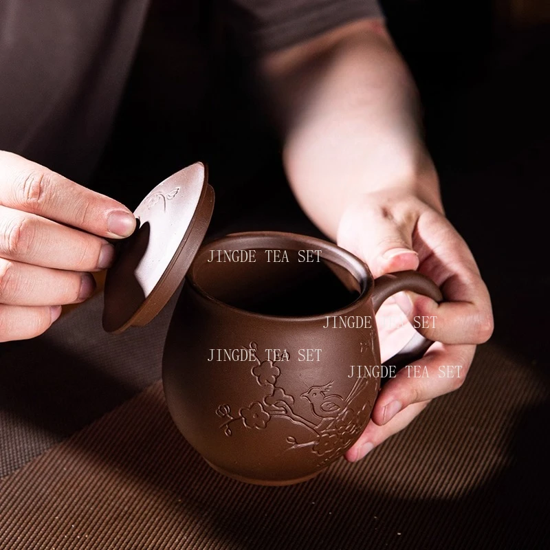 500ml Large Capacity Purple Clay Tea Cup Chinese Style Carved Plum Blossom Tea Cup with Lid Household Tea Cup Teaset Accessories