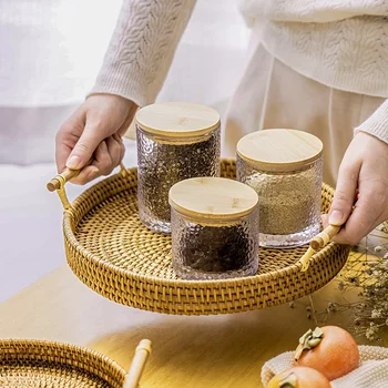 Handwoven Rattan Storage Tray Basket With Wooden Handle Bread Basket Tray Fruit Wicker Tray Coffee Table Decorative Tray 3