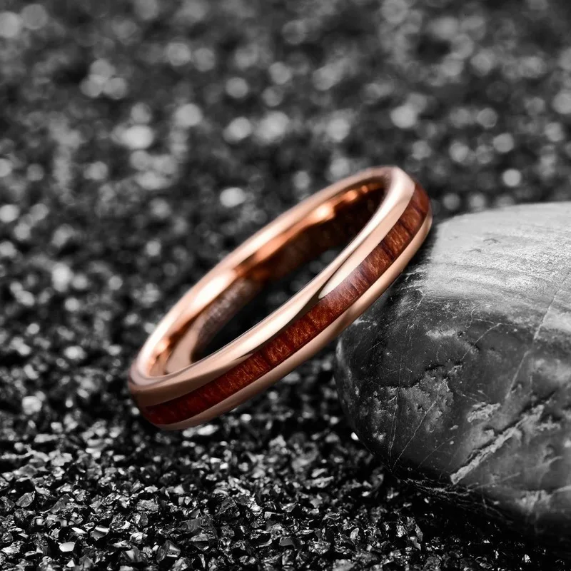 Finger Rings 4mm Men's Tungsten Carbide Ring Hawaiian Koa Wood Inlay Polished Finish Comfort Fit Rose Gold Color Ring Size 6-12