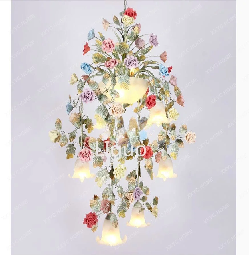 Description Picture 6 of itemArt Floral Chandelier lamp Lustre Light 7L/10L Colorful Ceramic Rose Pendant Chandelier Light Fixture E14 LED AC Home Decoration