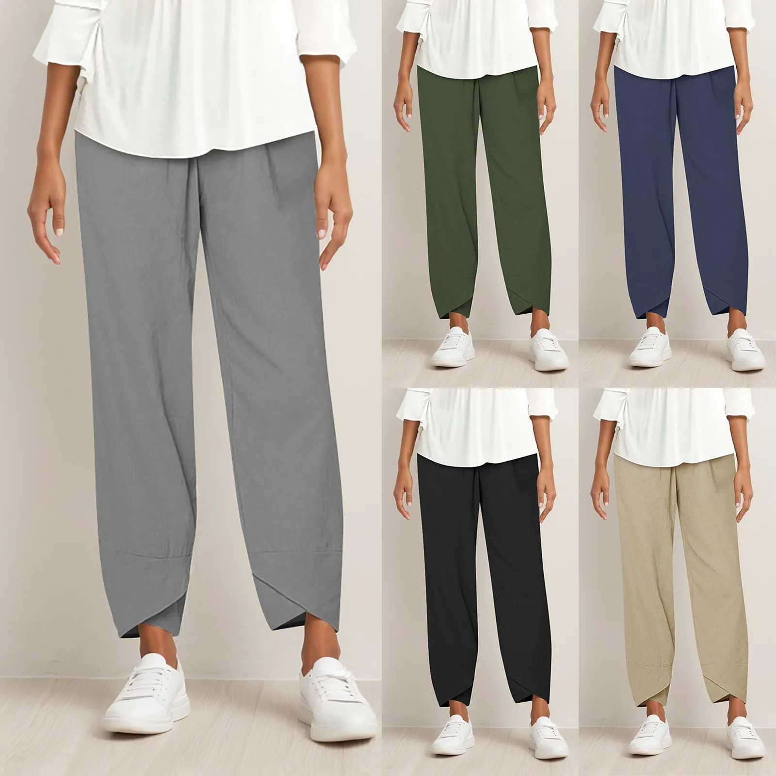 

2024 Spring Summer New Style Women's Cotton Linen Bell Bottoms Amazon Solid Color High-waisted Loose-fit Casual Cropped Pants