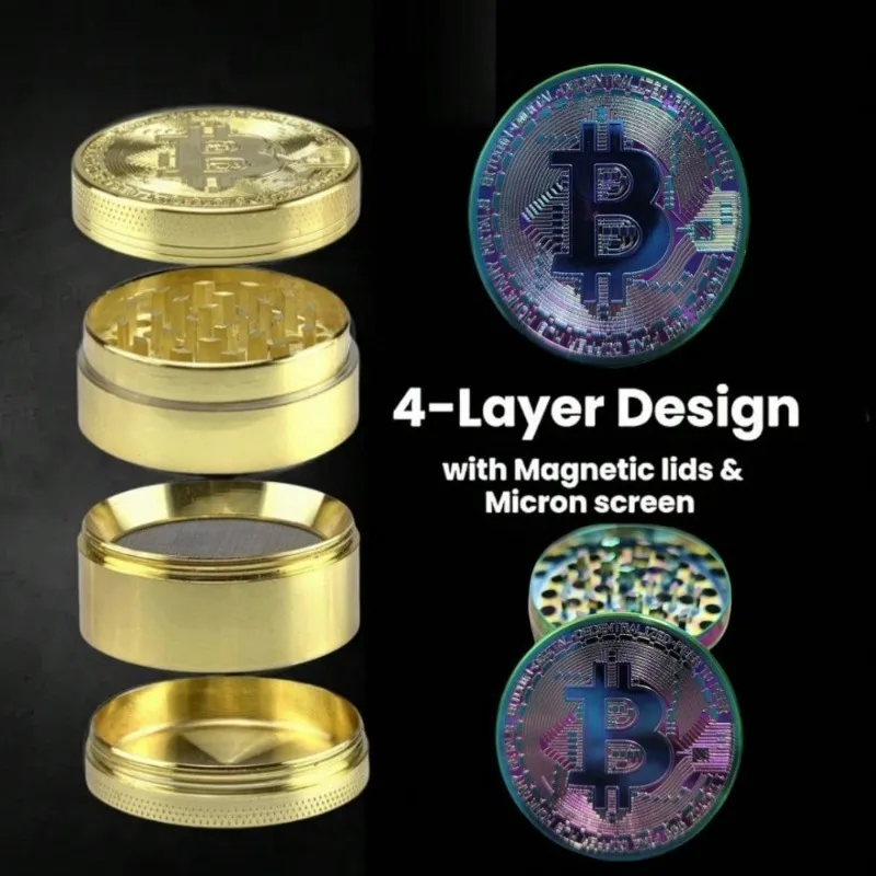 2.48 Inch Bitcoin Herb Grinder 4-layer Manual Tobacco Grinder Zinc Alloy Mortar Cigarette Cigar Grass Mills Smoking Accessories