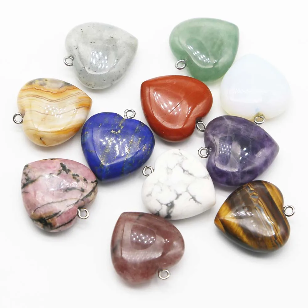 25MM Natural Semiprecious Stone Amethyst Multicolour Heart Necklace Pendant Key Chain Accessories Charms Jewelry Wholesale 10Pcs