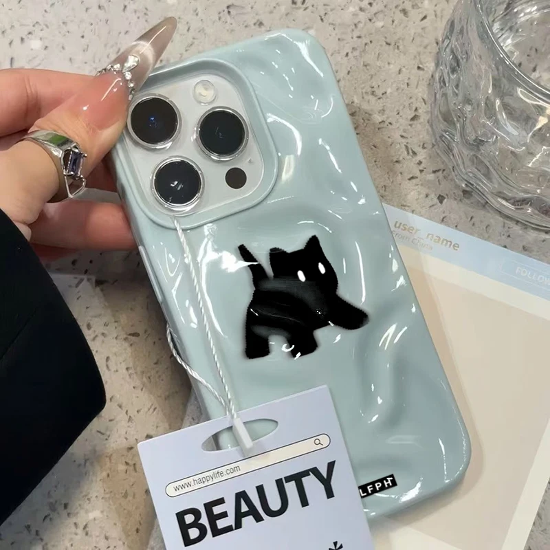Chic Black Fuzzy Cat Shockproof Phone Case - Candy Color Wave Pattern Protective Cover