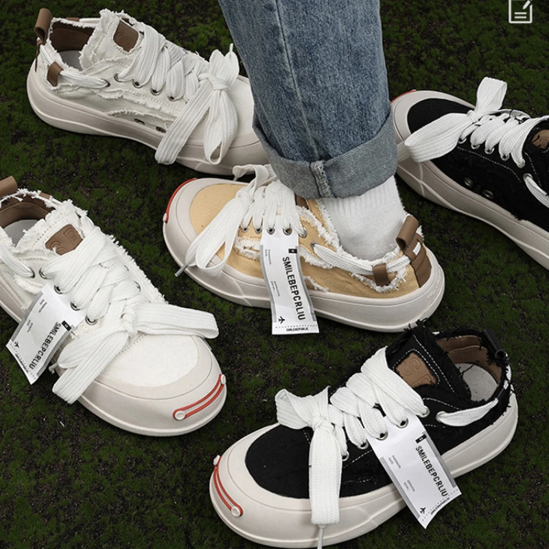 

Men's Shoes Open Smile Canvas Shoes 2023 New Couple Thick Sole Small White Shoes Women's