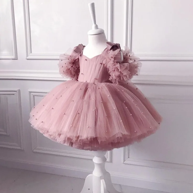 Baby Girl Bridesmaid Dresses Pink Mesh Flower Girls Dress For Weddings