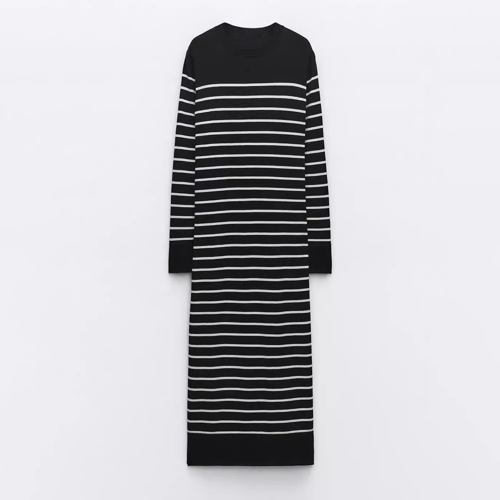 

2024Spring Autumn New Women Long Knitted Stripe Dress Round Neck Rib Trim Long Sleeved Slim Fit Dress Ladies Trendy Casual frock