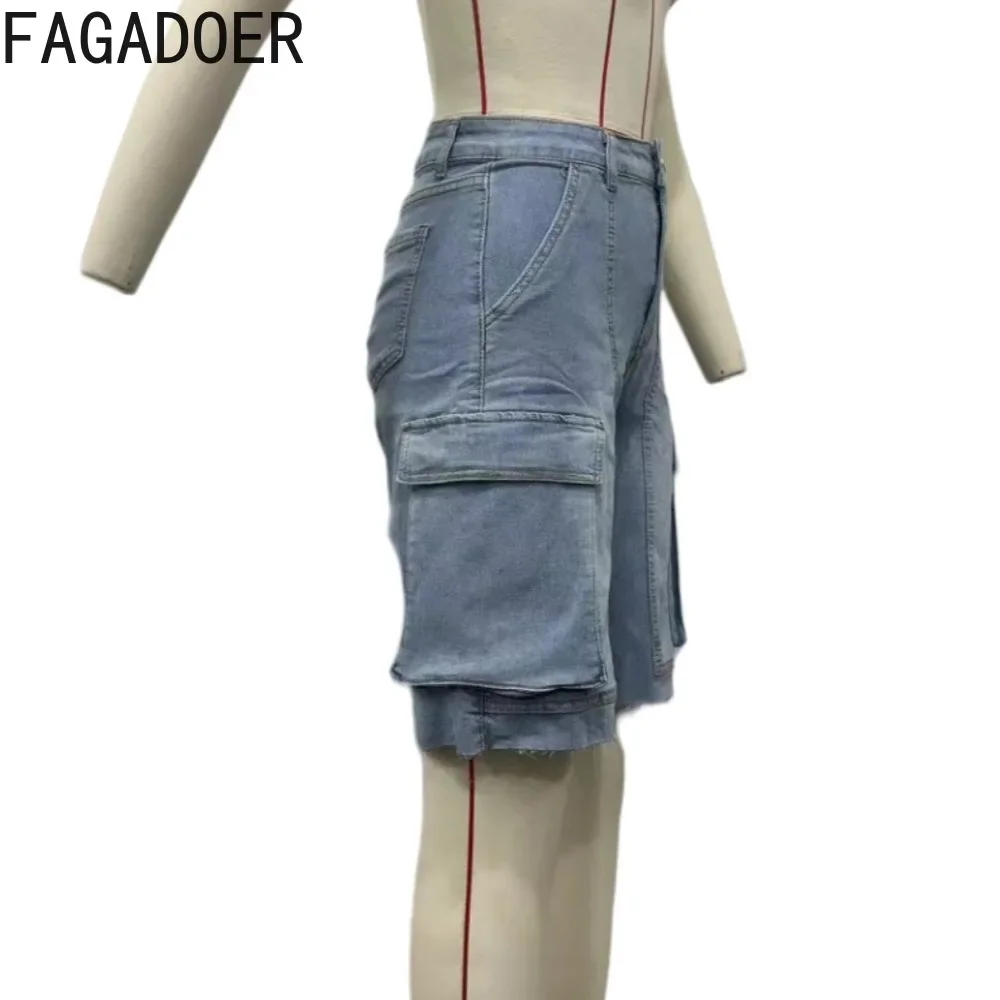 FAGADOER Blue Casual Straight Denim Shorts Women High Waisted Button Pocket Cowboy Bottoms Autumn Casual Solid Sporty Jean 2023