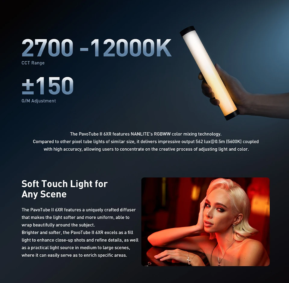 Nanlite PavoTube II 6XR Tube Light 2700K-12000K RGBWW 8-Pixel T12 Video Fill Lig