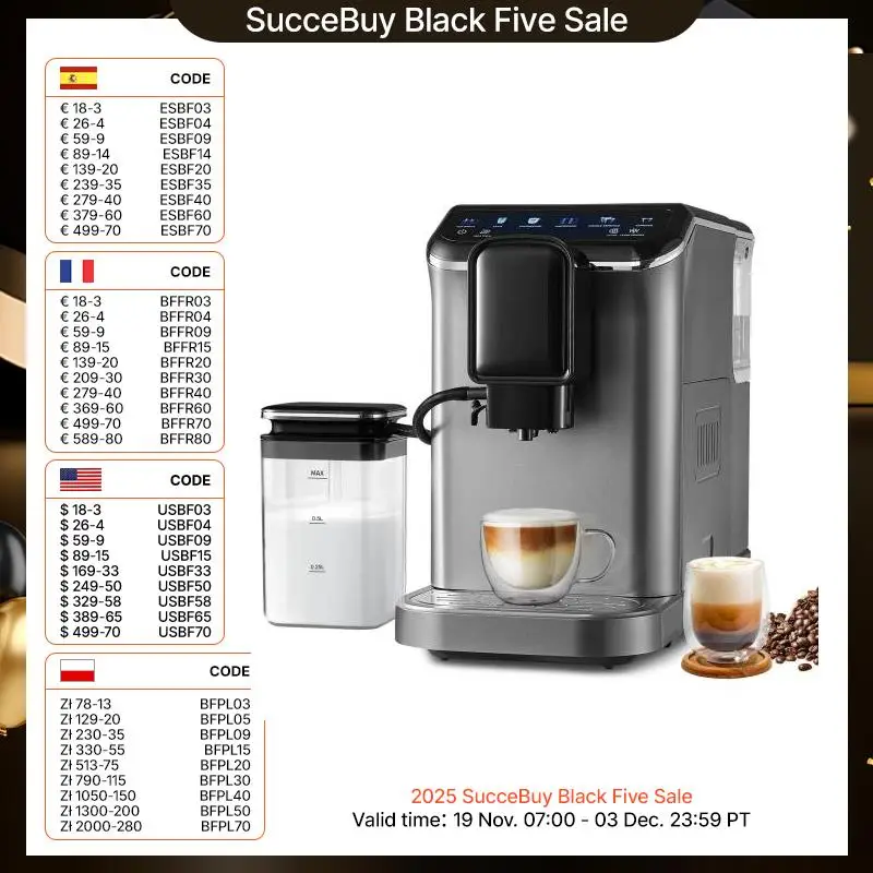 SucceBuy Automatic Espresso Machine Coffee Latte Machine with Color Touch Screen 15 Grinding Levels and Removable Milk Reservoir