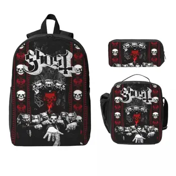 3Pcs Ghost Rock Metal Band Backpack Set for Kids Pen Bags Bookbag Sets with Lunch Box For School Students Knapsack 1