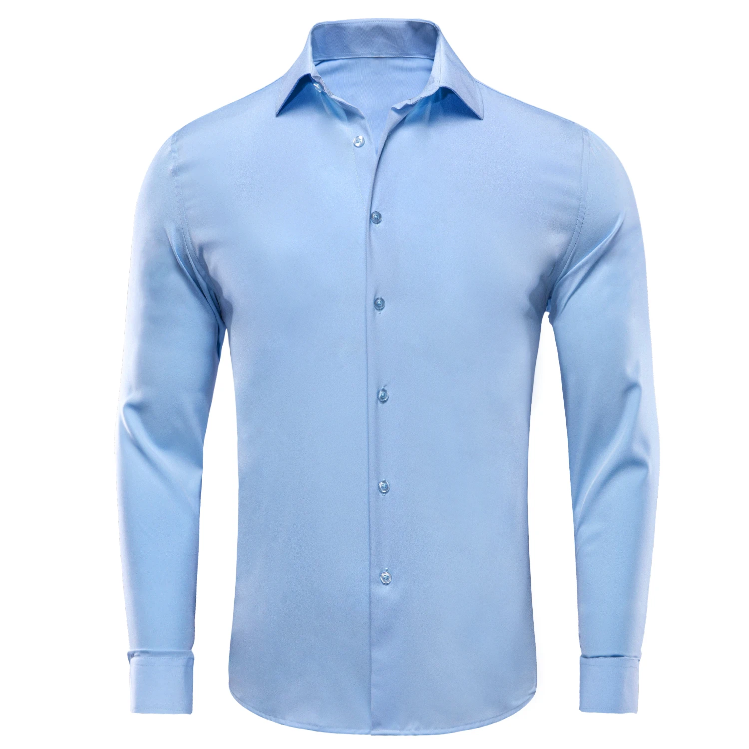 Hi-Tie Sky Blue Silk Mens Shirts Plain Smooth Long Sleeve Formal Leisure Dress Blouse for Male Wedding Business Events Oversized
