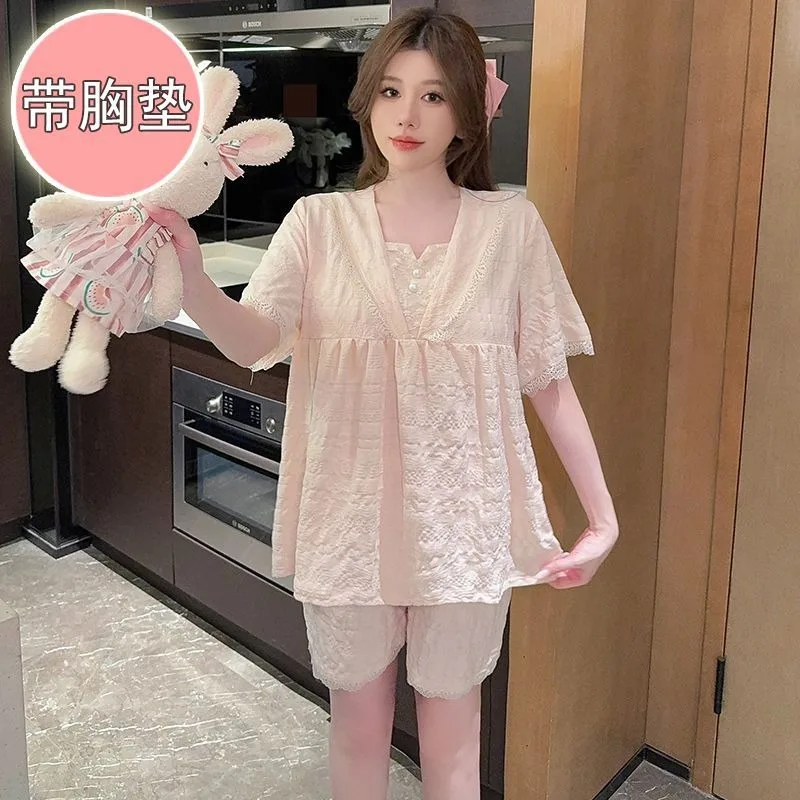 M-5XL 110kg Plus Size Pajamas with Chest Pads Women Summer Short Sleeves Sleepwear Princess Style Loose Loungewear Two-Piece Set