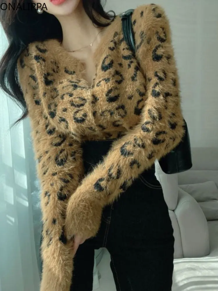 Onalippa Slim Leopard Single Breasted Knitted Cardigan Korean Fashion Chic Autumn Winter Fluffy Sweater 2022 Autumn New Sweaters