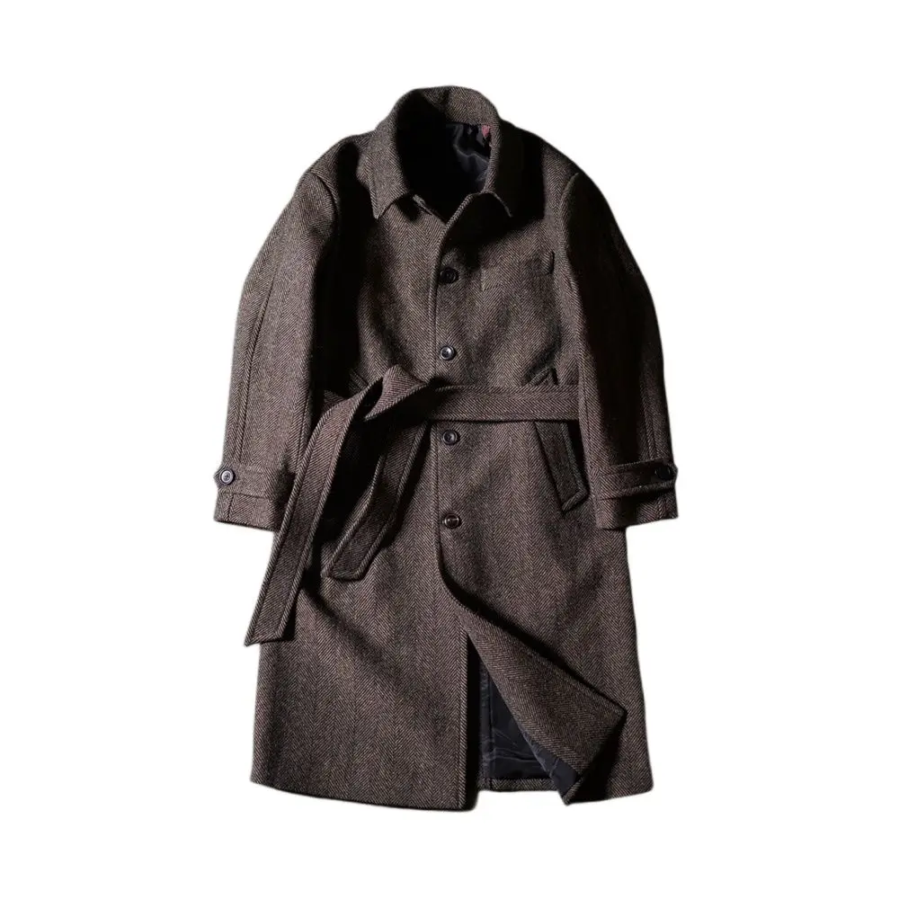 Men's Herringbone Tweed Balmacaan Coat Business Elegant