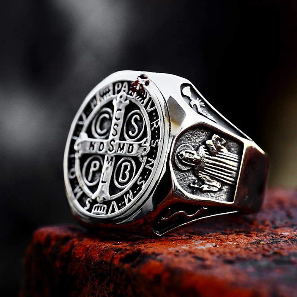 Vintage Exorcism Saint Benedict Cspb Cross Ring Men Punk Amulet Christianity Rings Stainless Steel Jewelry Gift Wholesale 2