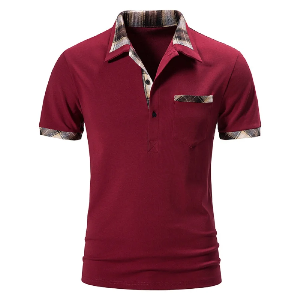 SummershortsleevedbasiclapelpoloshirtmensplaidcolorblockT