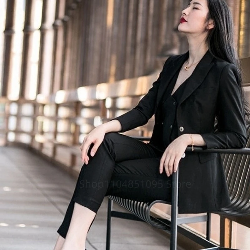 Navy Blue Slim Fit Women's Business Suit 3 Piece Set with Blazer Vest Pants for Office Work Formal Wedding Pant Suits Outfit