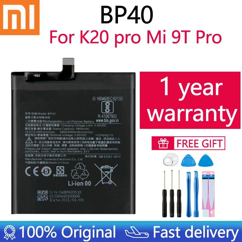 

100% Original Battery For Xiaomi Redmi K20 Pro / Mi 9T Pro 3900mAh BP40 Replacement Li-ion Polymer Phone Battery Repair Parts