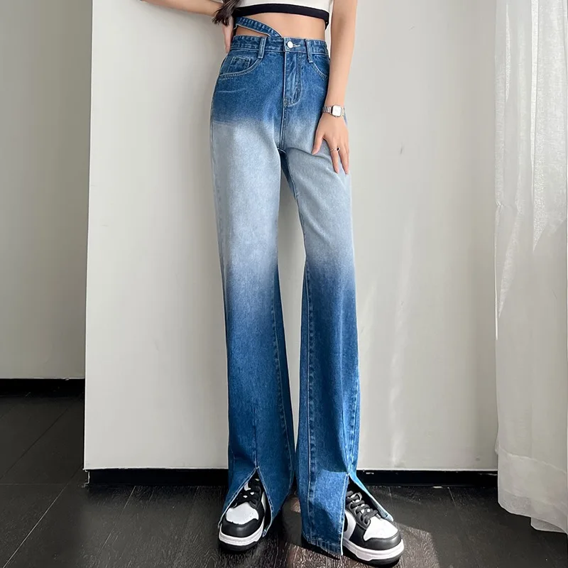 

Y2K Gradient color contrast high-waisted Jeans Women traf 2024 slit mop loose wide leg casual straight leg pants pantalones