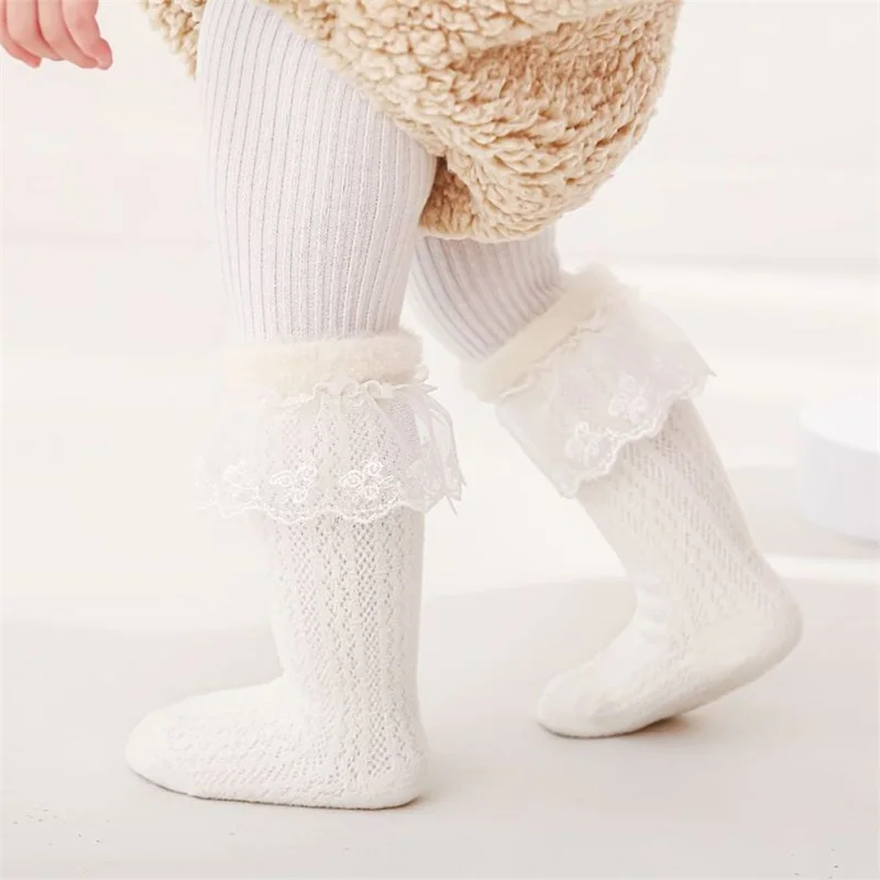 Adorable Baby Girl Knee High Socks Soft Cotton Lace Trim Elastic Breathable Warm Comfortable Fashion Stockings for Toddlers