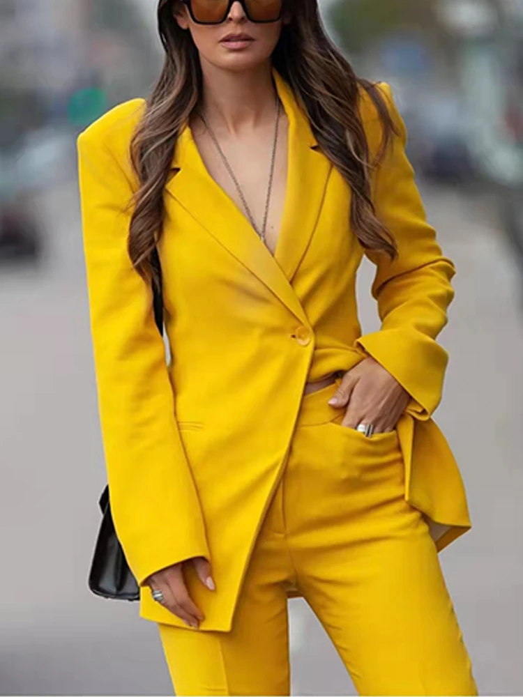 PUWD Yellow Women V Neck One Breasted Solid Blazer 2022 Spring Fashion Ladies Office Lady Casual Blazer Female Long Sleeve Suit dressy pant suits to wear to a wedding