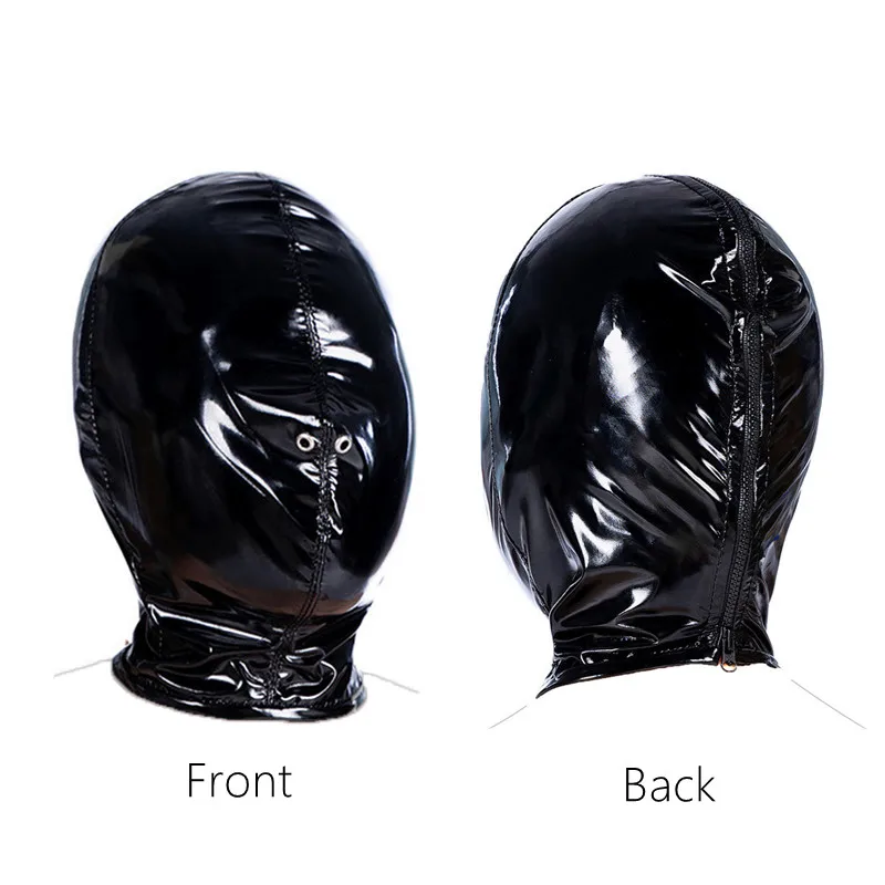 play Sexy Role Black Wetlook Sex Bondage Mask Hood with Lockable Plush Erotic Gloves H_voghion.com