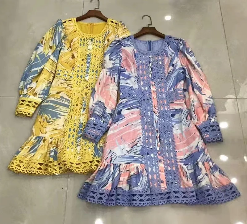 High Quality Linen Dress 2023 Spring Summer Stye Women Vintage Paiting