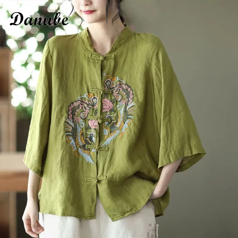 

Vintage Flower Embroidery Cotton Linen Shirt Women Casual O-neck Short Sleeve Button Up Blouse Female Loose Oversized Tops Mujer