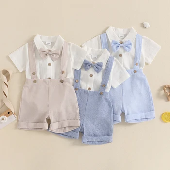 Baby Boy Gentleman Outfit Solid Color Short Sleeve Lapel Neck Romper with Stripe Suspender Shorts Bowtie Boys Summer Clothes 1