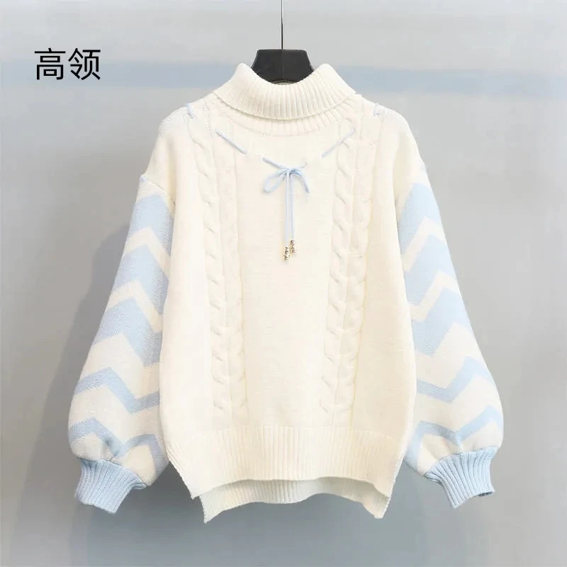 

High-Necked Thick Warm Pullover Sweater Women Outside Wear Autumn Winter New Bottoming Shirt Loose Lantern Sleeve Knitwear Tops