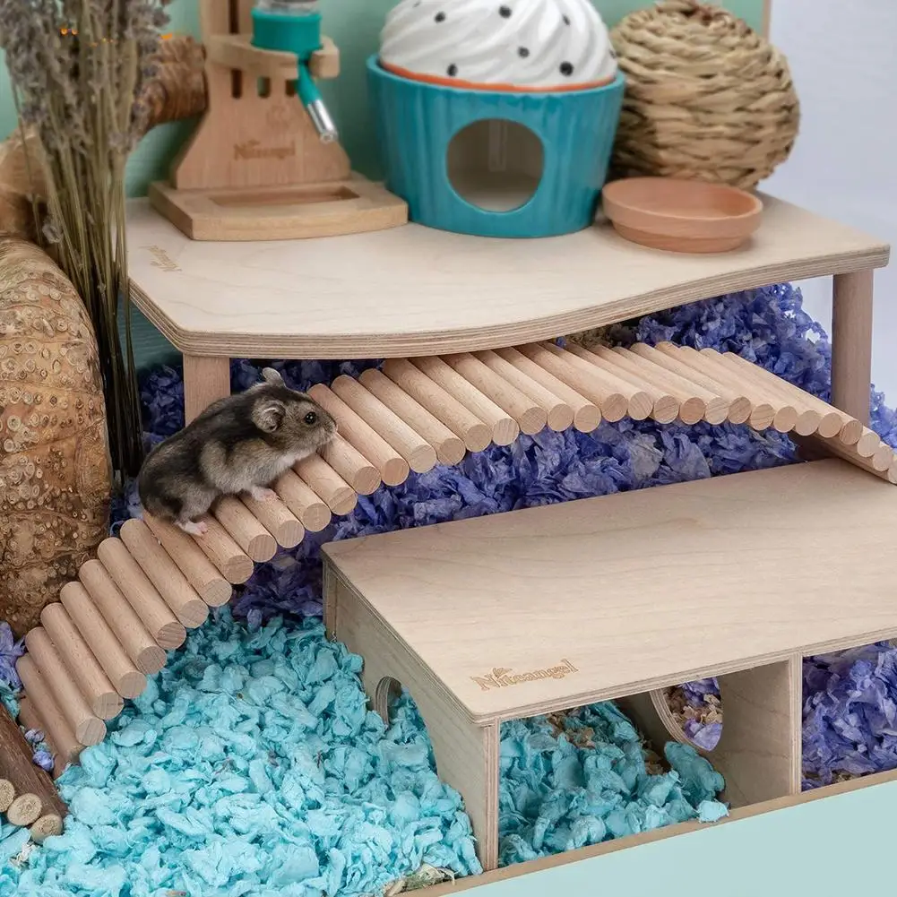 2 In 1 Hamster Wooden Ladder Bridge Exercise Play Chewing Toys Cage Decor Natural Landscaping Supplies