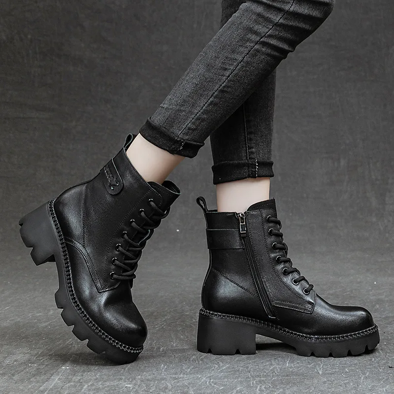 Fashion New Genuine Leather Shoes Women Boots Black Round Toe Flat With Handmade Sexy Concise Leisure Sewing Platform Boots Larg