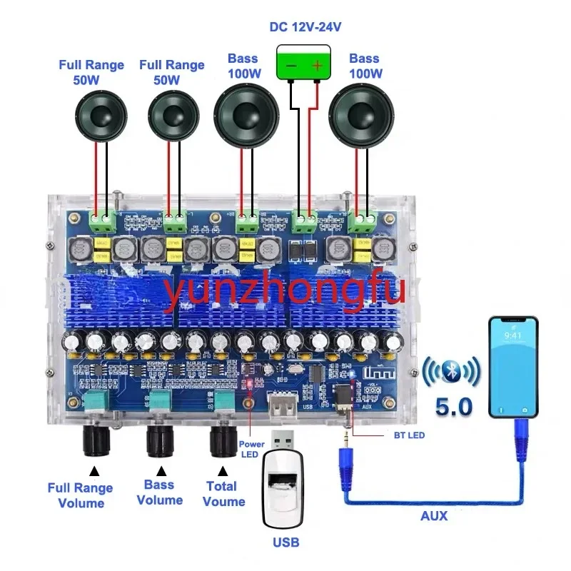 

Bluetooth 5.0 Digital Amplifier Board Subwoofer 4 Channels TPA3116 Class D AMP2*50W + 2*100W TPA3116D2