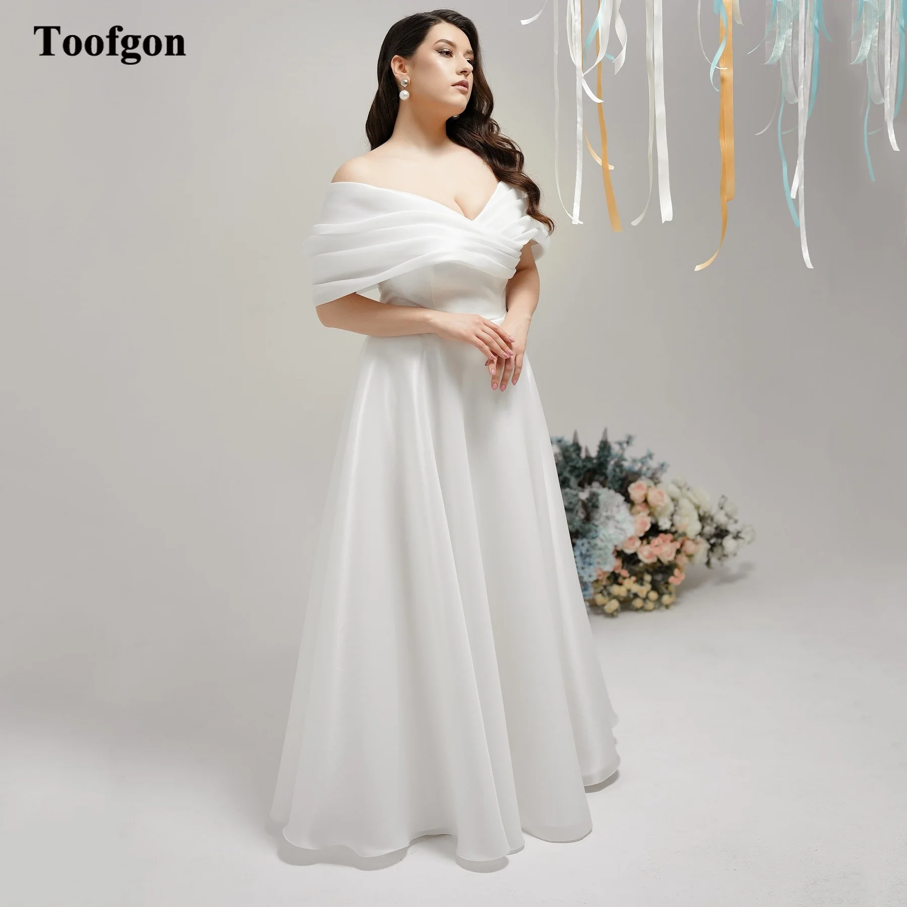 Toofgon A Line Korea Customized Bride Wedding Dresses Off The Shoulder Pleated Long Formal Bridal Gowns Women's Party Dress 1