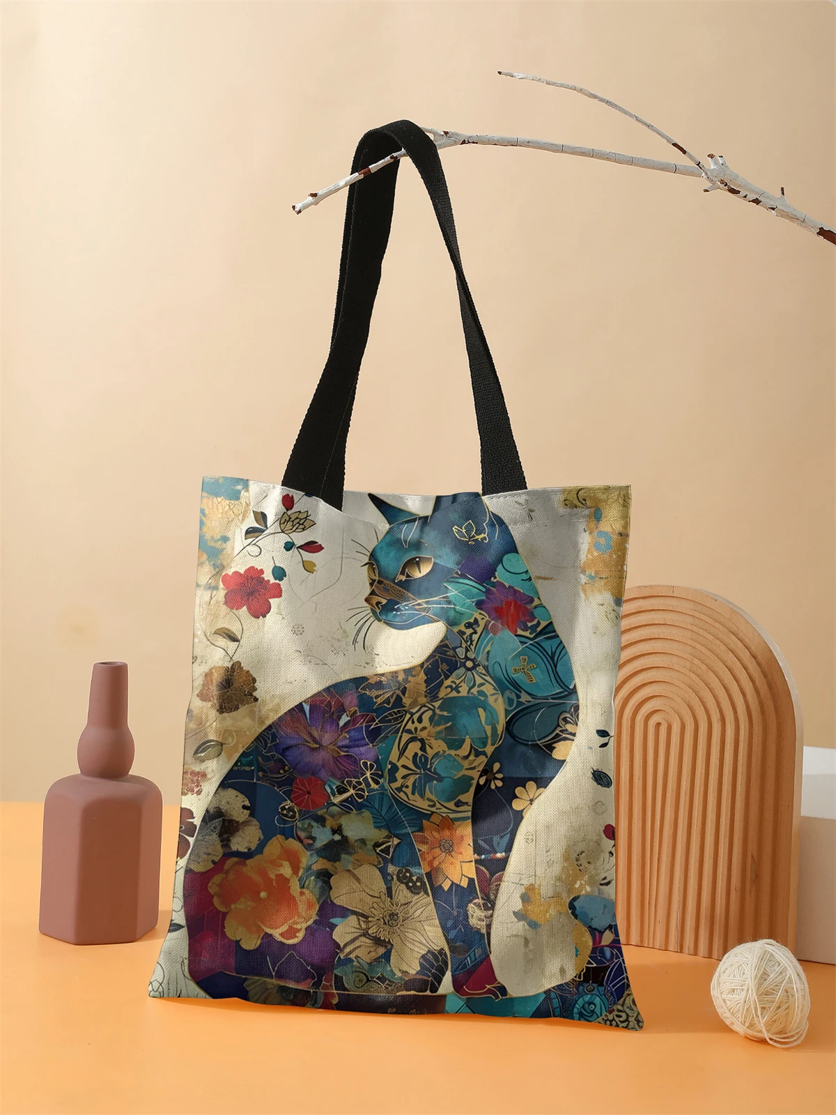 Cat pattern printed casual handbag, reusable fashionable backpack, multifunctional handbag, canvas shopping bag