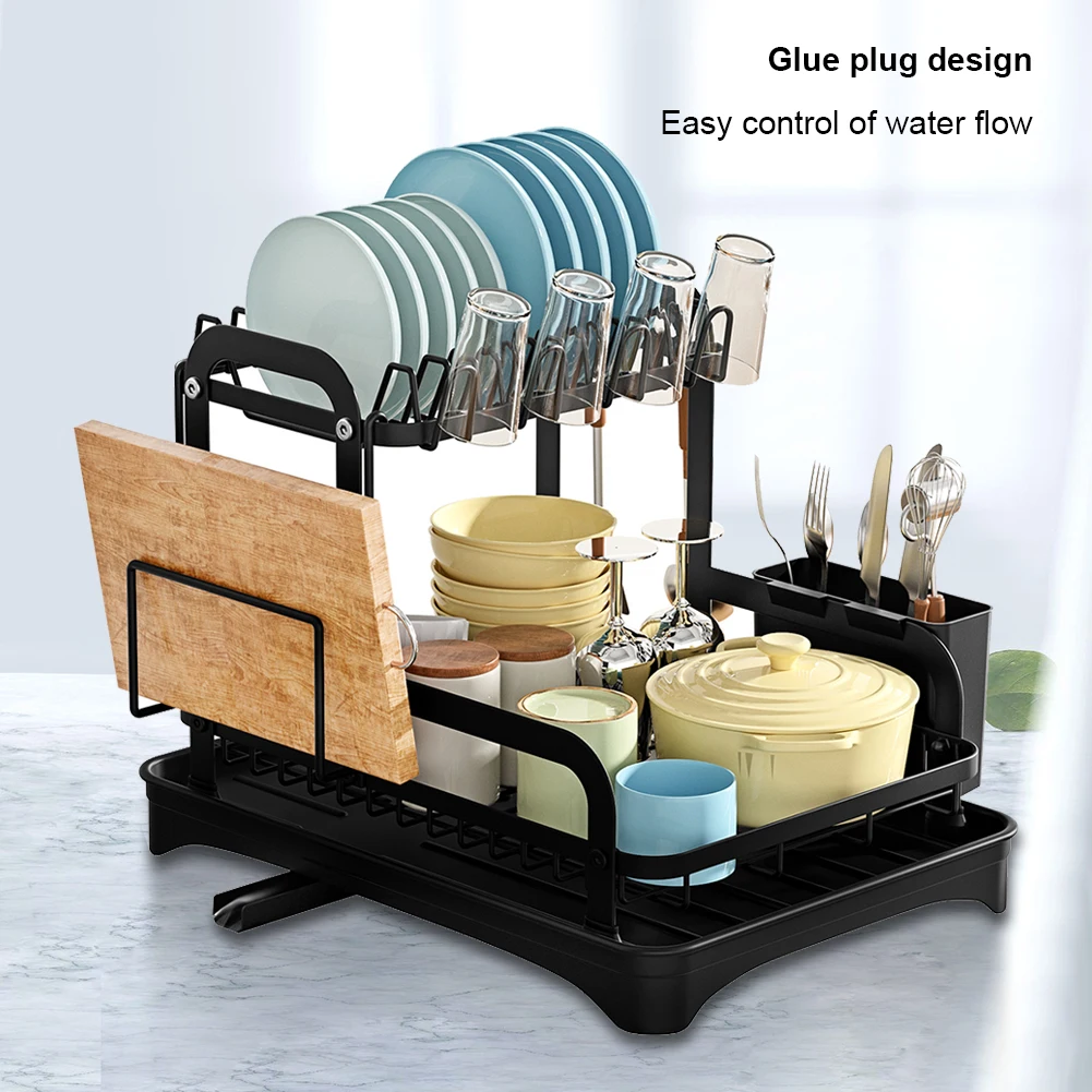 

2 Tier Dish Drainer with Drip Tray Kitchen Sink Organizer Chopstick Holder Bowl Dish Draining Shelf 360-Degree Retractable Drain