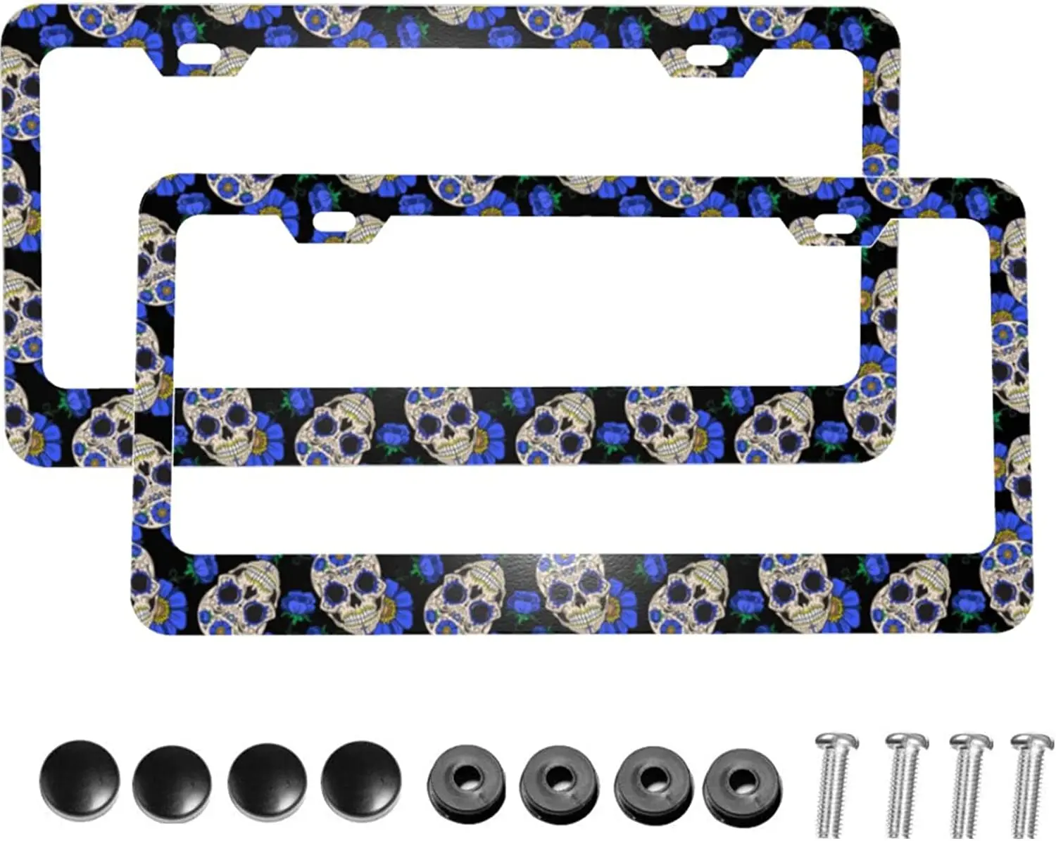

2 шт. металлическая рамка для номерного знака с черепом и голубыми цветами, автомобильные декоративные рамы, защитный чехол для автомобилей стандарта США