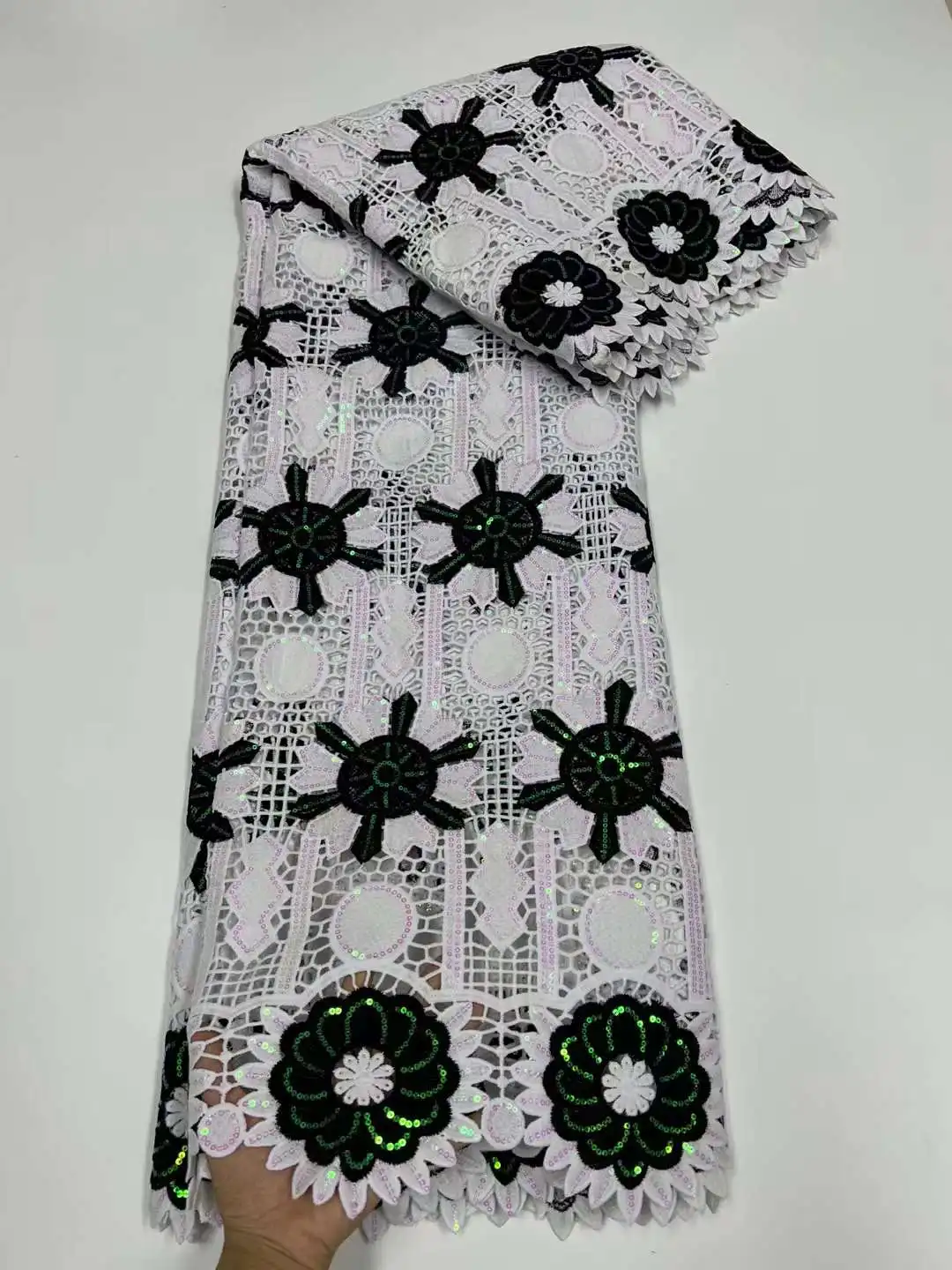 

African Latest Guipure Cord Lace Sequins Fabric French High Quality Milk Silk Punch Fabric Nigeria For Wedding Party Dress Sew