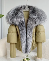 Hot Sales Super Large Real Silver Fox Fur Collar With Knit Sleeve Fashion Outerwear Winter Women Coat White Duck Down Jacket