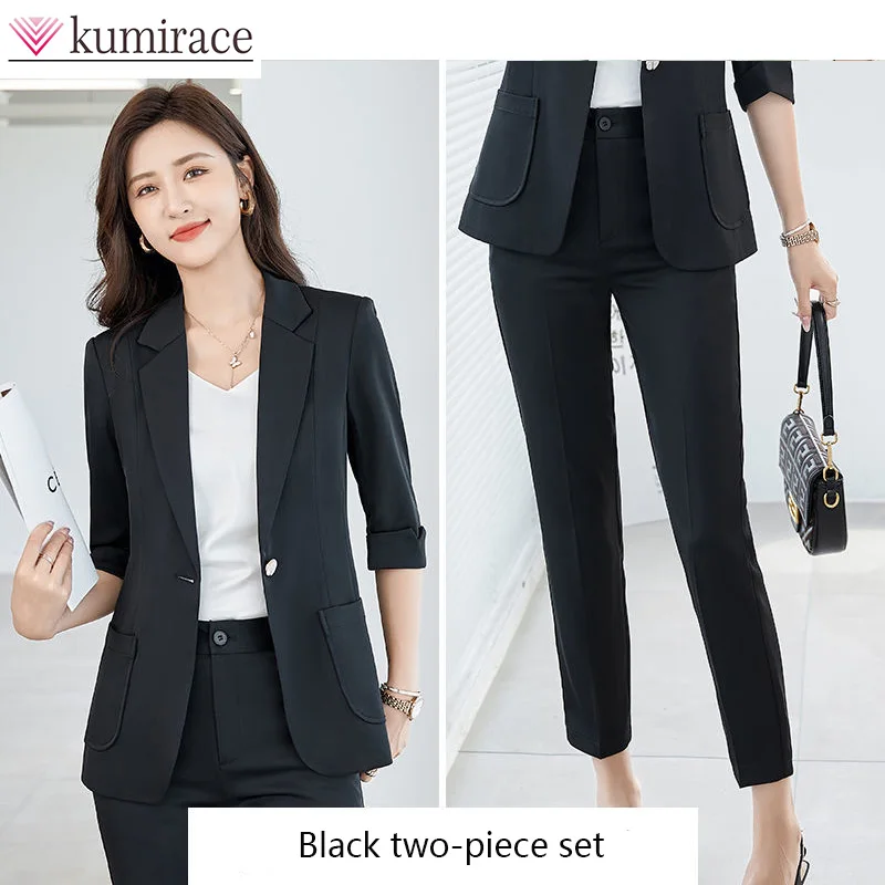 Green Summer Fashion Small Suit Women's Casual 3/4 Sleeve Upscale Pants Set Two Piece Set Korean Sets Womens Outfits Women Pants