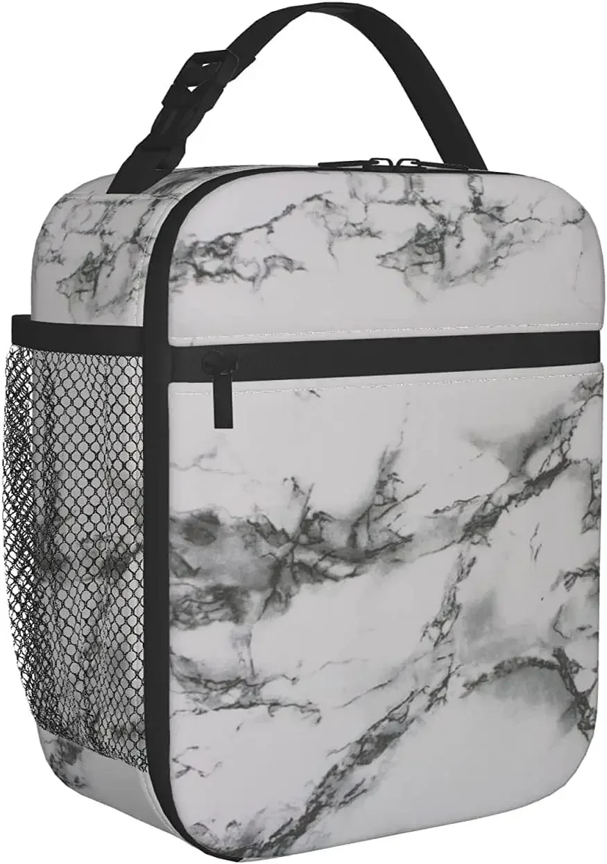 Lunch Box Insulated Lunch Bag for Women Men White Marble Black Texture Reusable Cooler Tote Bags for Work Picnic Outdoor