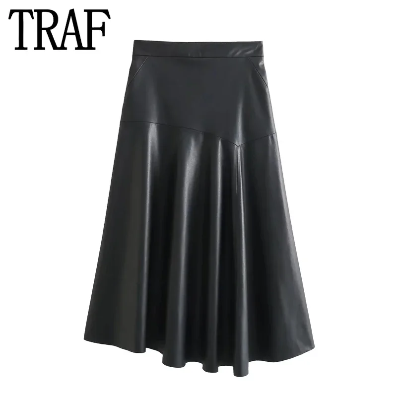 

TRAF 2024 Asymmetric Faux Leather Skirt Women A Line Black Midi Skirt Woman Fashion Mid-Waist Elegant Social Women's Skirts