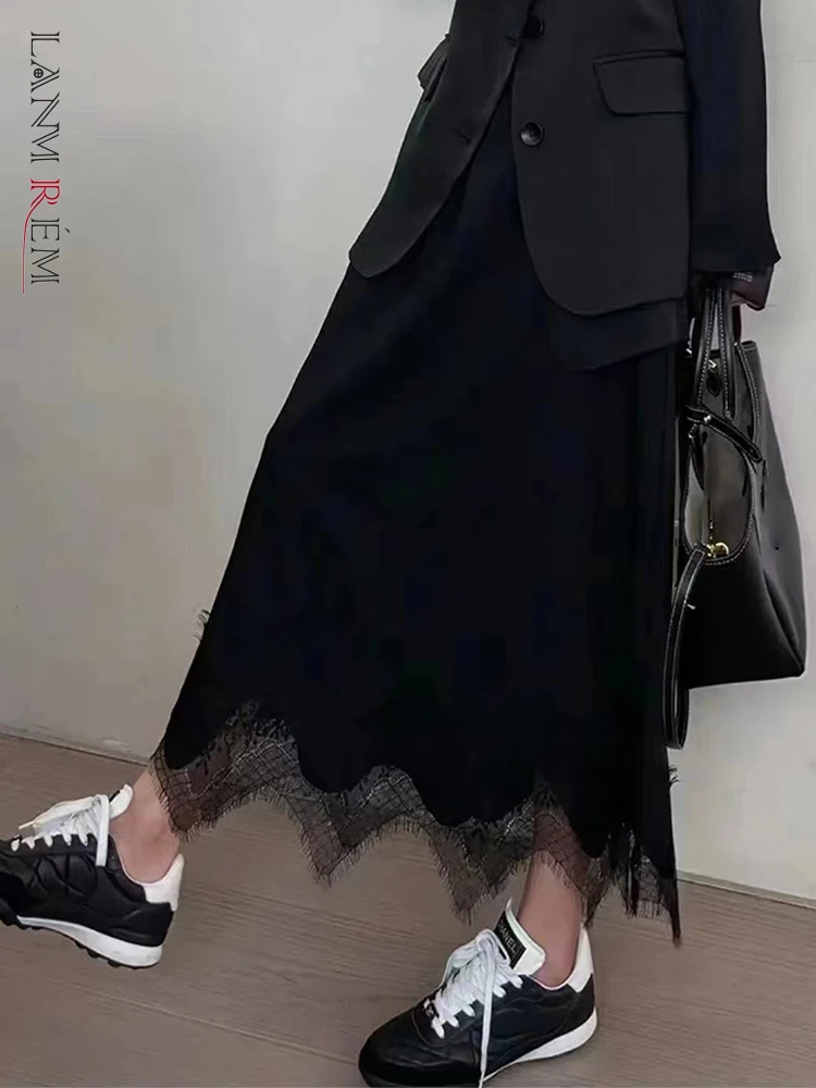 

LANMREM Lace Spliced Design Skirts For Women A-line Elastic High Waist Black Fashion Irregular Clothes 2024 Summer New 26D8886