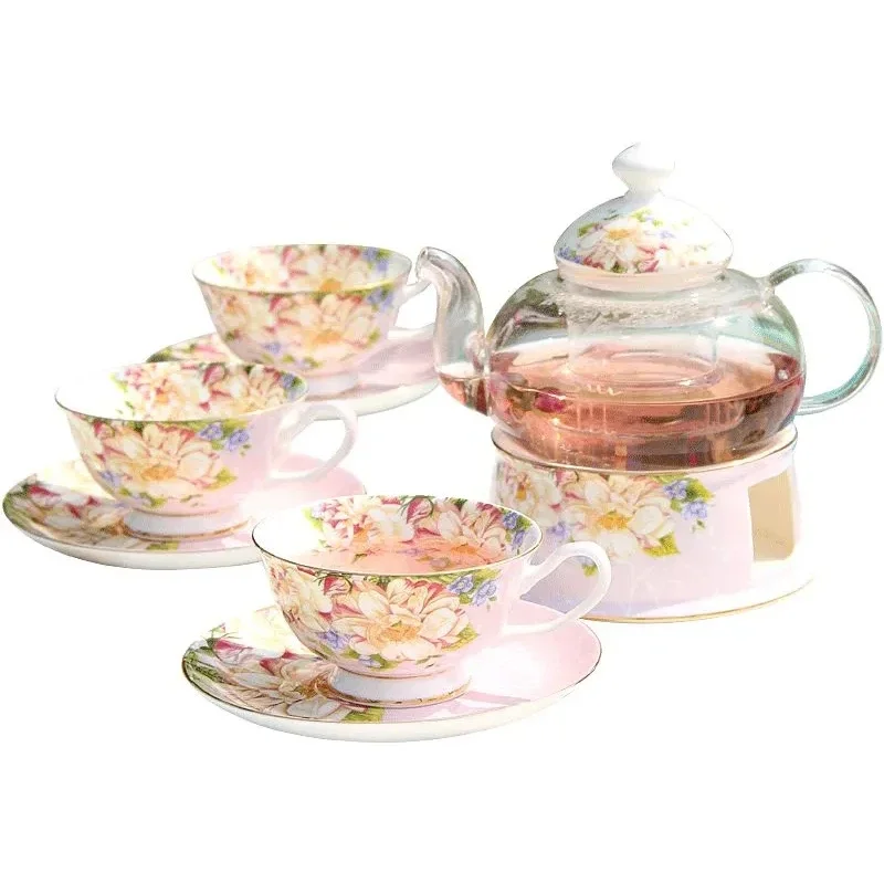 

Glass Flower Tea Set, European-style Household Boiled Teapot Tea Pot and Cup Set Ceramic Complete Afternoon Tea Can Be Heated