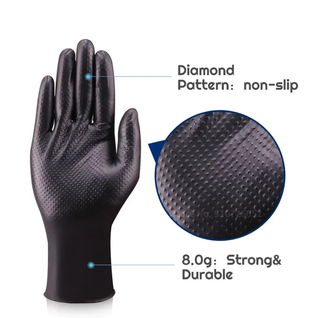 Gants à motif diamant Nitrile noir Extra épais, antidérapants