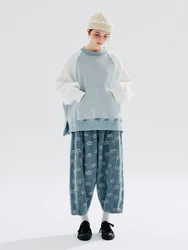 IMAKOKONI original design elastic waist denim flower brushed loose straight pants women's 234227