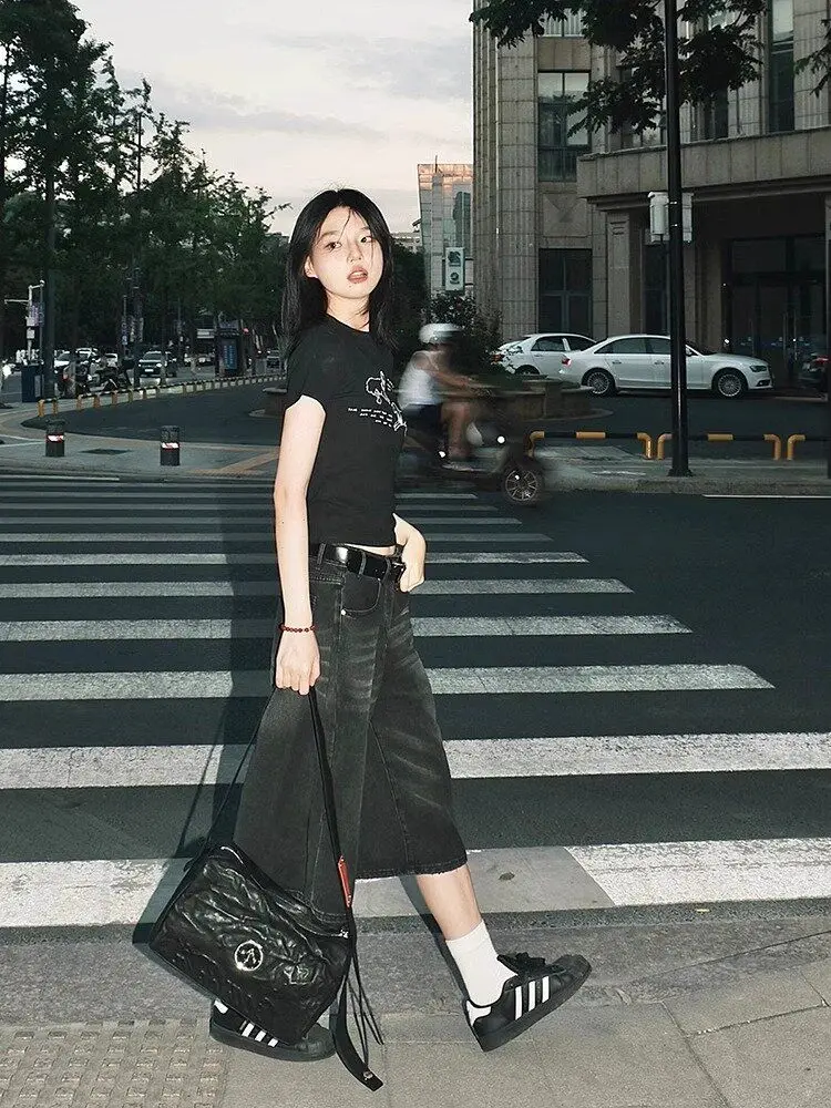 QWEEK Y2k Baggy Denim Shorts Women Black Wide Leg Capri Pants Fashion High Waisted Dark Wash Jeans Female Casual Retro 2000s